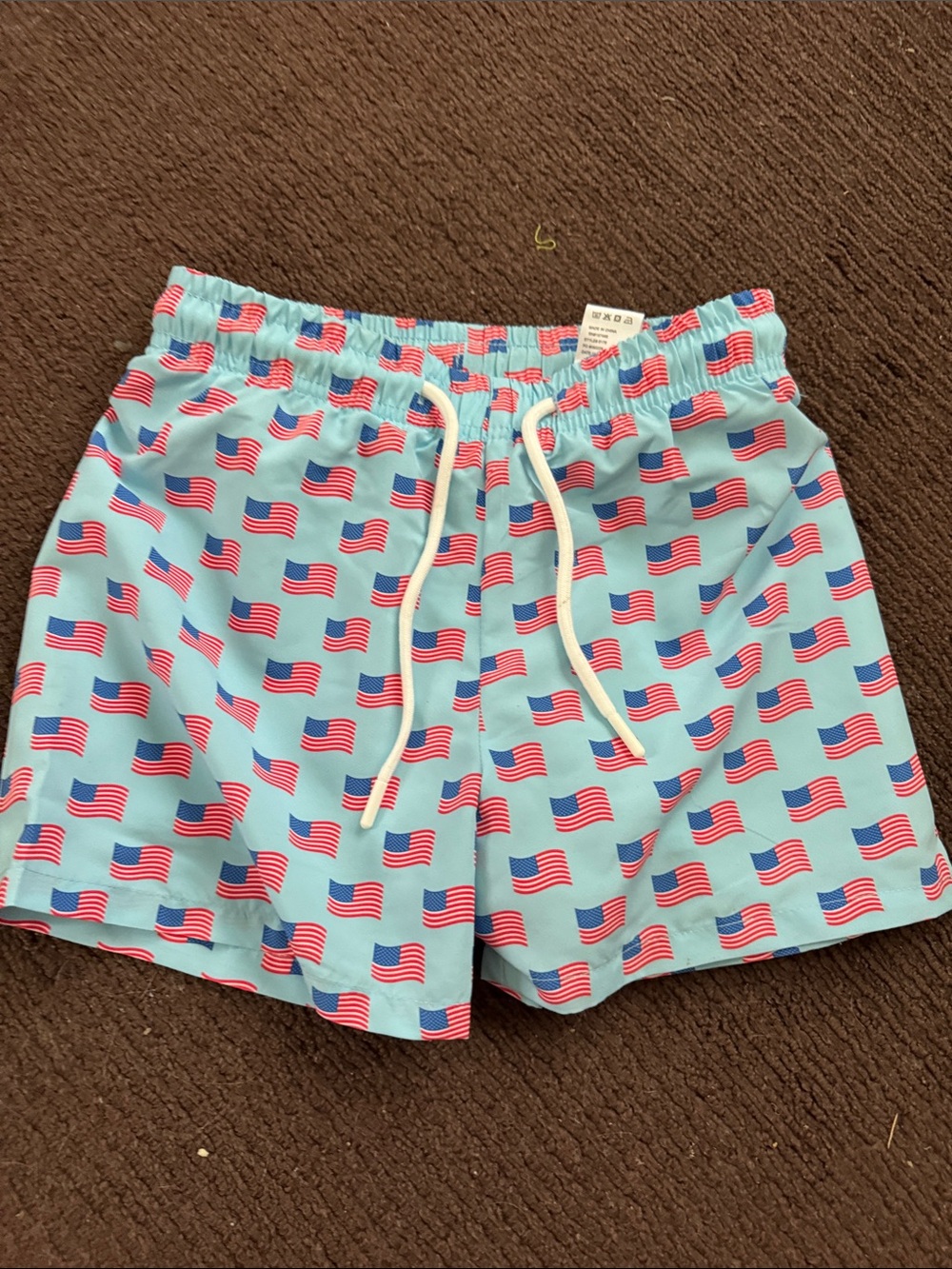 Kids Light Blue American Flag Swim Trunks
